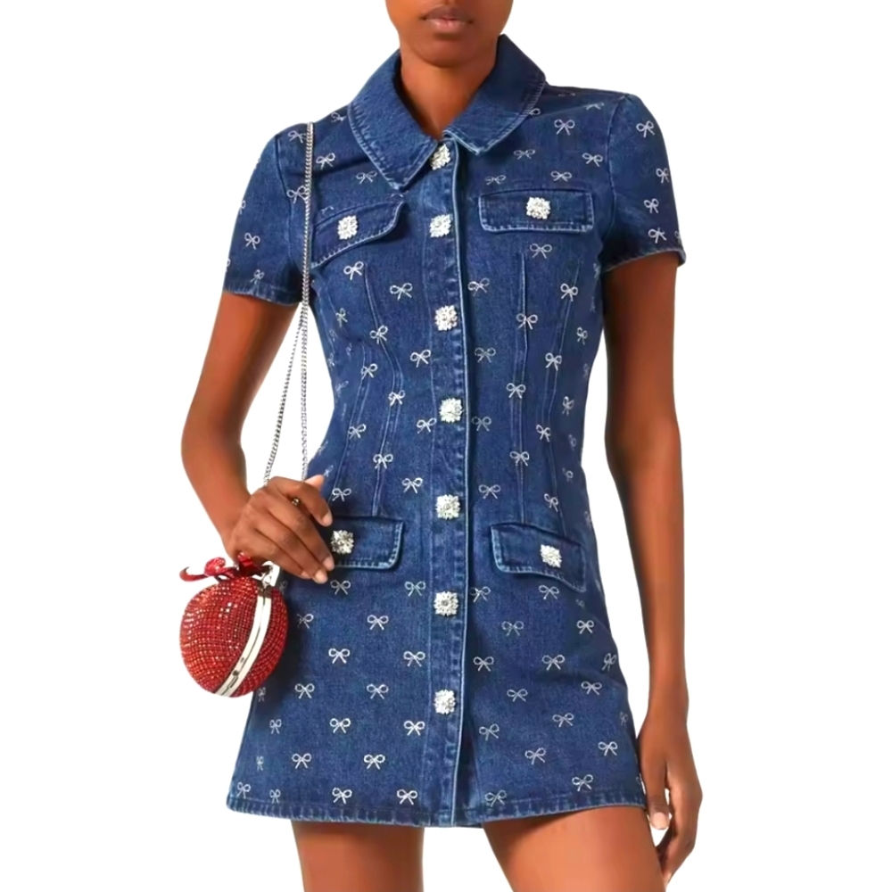 Luxury Brand Design Women Denim Sequin Diamond Elegant Button Short Sleeve Dress